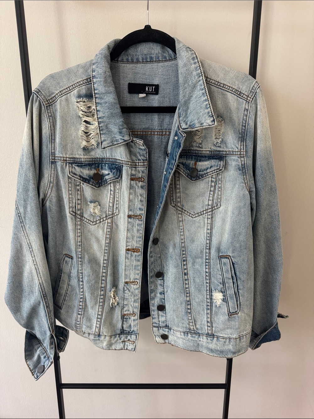 Kut from the Kloth Light Wash Distressed Denim Jacket Size M